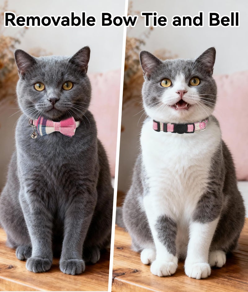 Joytale Upgraded Cat Collar with Bells, Breakaway Cat Collars with Bow Tie, 1 Pack Girl Boy Safety Plaid Kitten Collars, Pink - Image 2